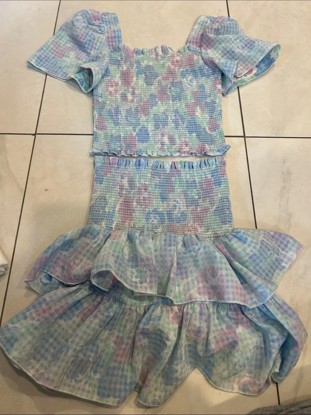 Les Coyotes de Paris Girls' Pastel Floral Smocked Camisole - Blue/Pink/Green